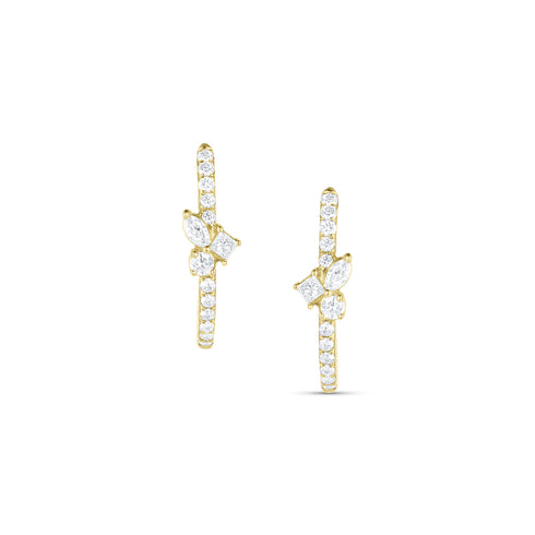 Dominique Cohen petite diamond hoop mixy earrings with mixed shapes diamond cluster, in 14K yellow gold<span class='visuallyhidden'>; shop help at 760-978-9297.</span>